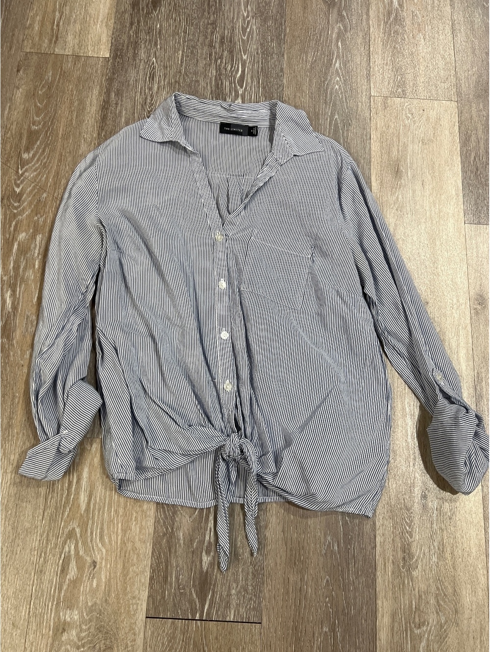 The Limited Blue and White Striped Button-Up Shirt with Front Tie - Medium